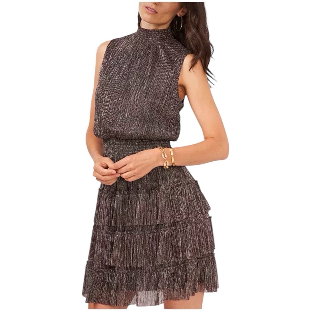 1.STATE Metallic Gold Black Tiered Ruffle Mini Dress Size L NWT Party Cocktail